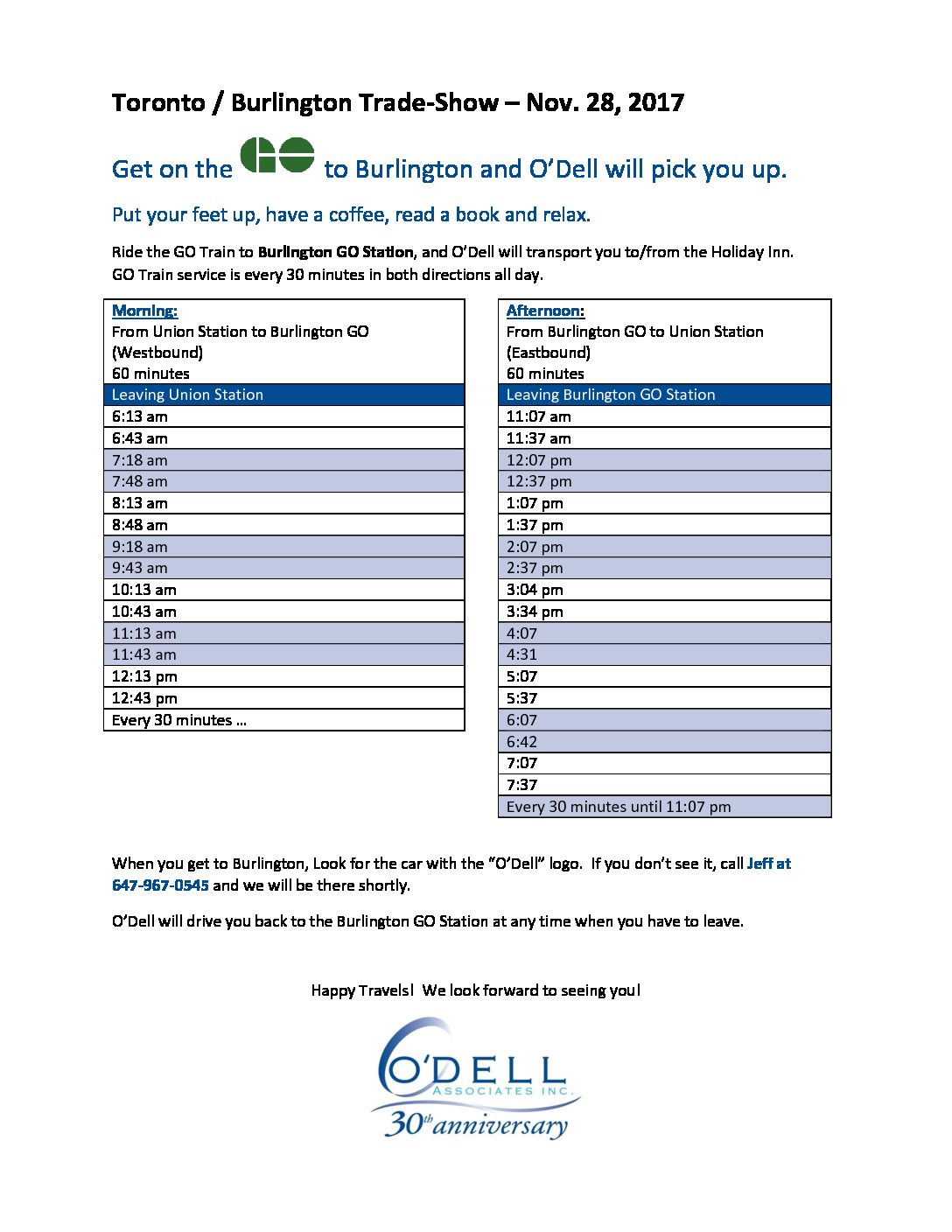 O’Dell GO Transit Schedule (Toronto to Burlington)